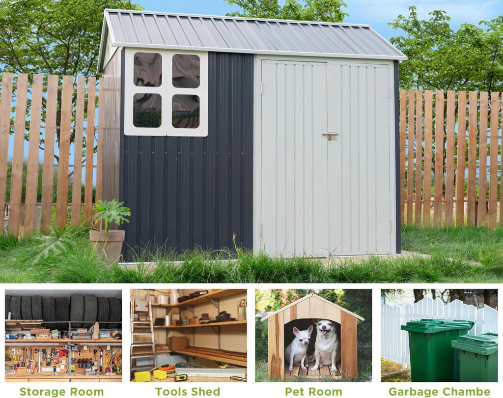 Amazon.com : VanAcc 8x6x7.5 FT Shed Nordic Cottage Storage Shed 4-pane Window Outdoor Metal Garden House Double Lockable Hinged Doors for Patio Backyard Garden Lawn Dark Grey/White : Patio, Lawn  Garden