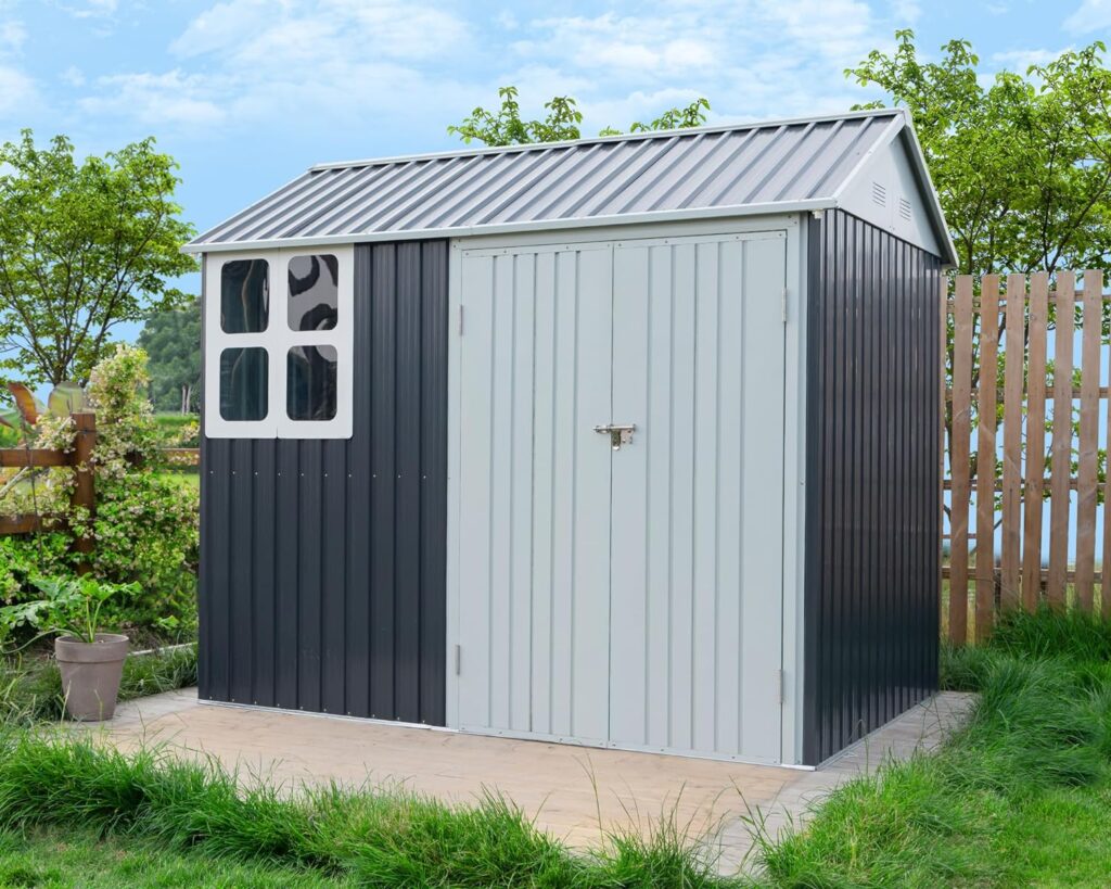 Amazon.com : VanAcc 8x6x7.5 FT Shed Nordic Cottage Storage Shed 4-pane Window Outdoor Metal Garden House Double Lockable Hinged Doors for Patio Backyard Garden Lawn Dark Grey/White : Patio, Lawn  Garden