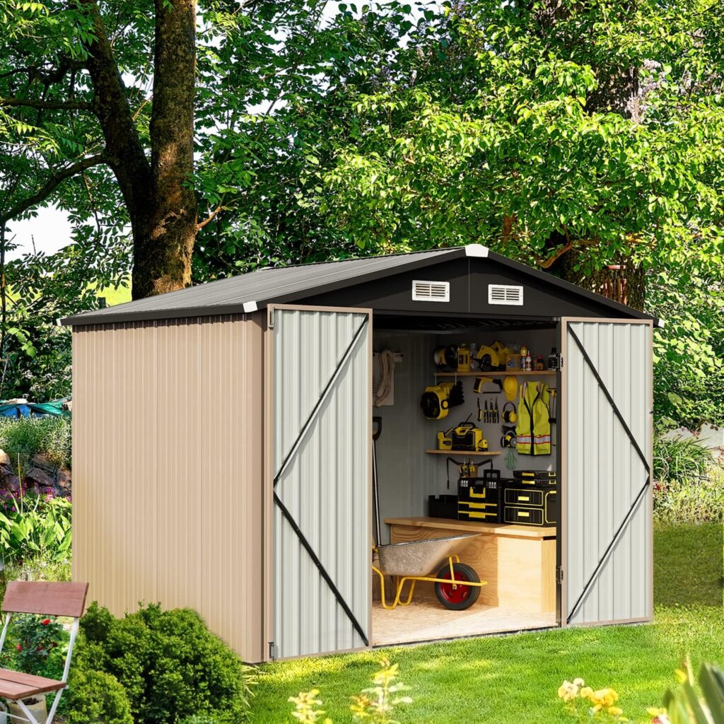 Aoxun 8 x 6 ft Outdoor Shed - Storage Sheds Galvanized Metal Shed with Air Vent and Large Size Door, Tool Storage Backyard Shed Bike Shed, Tiny House Garden Tool Storage Shed for Backyard Patio Lawn