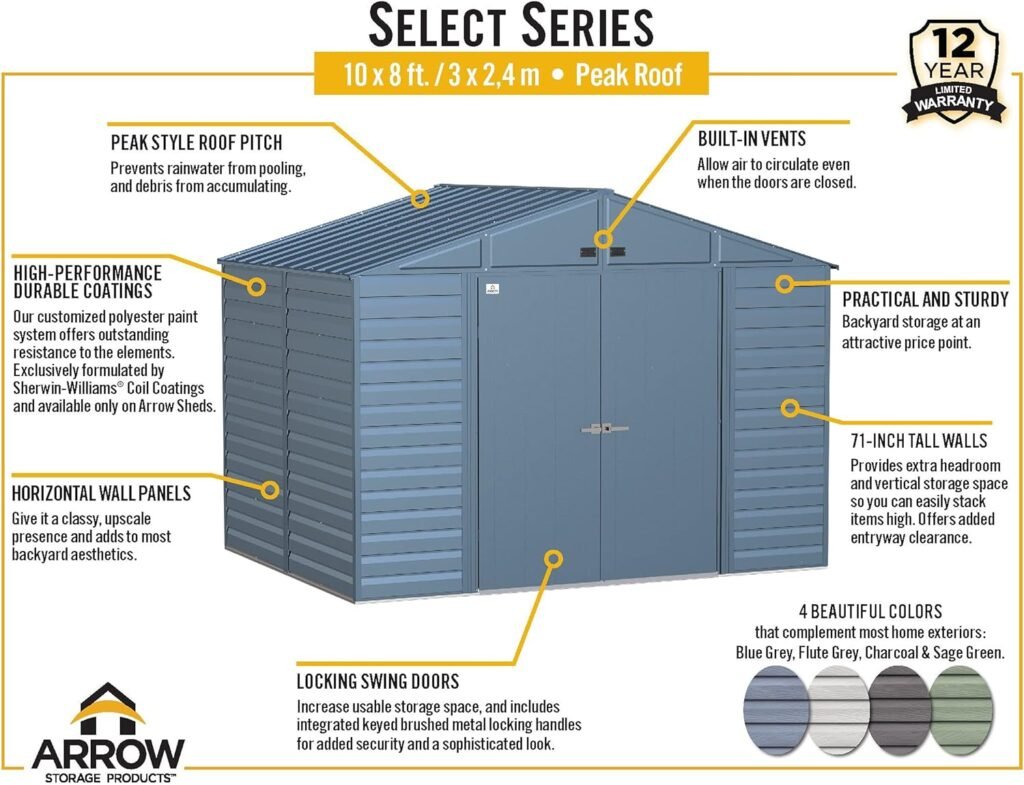 Arrow Select 10 x 8 Outdoor Lockable Steel Storage Shed Building, Charcoal