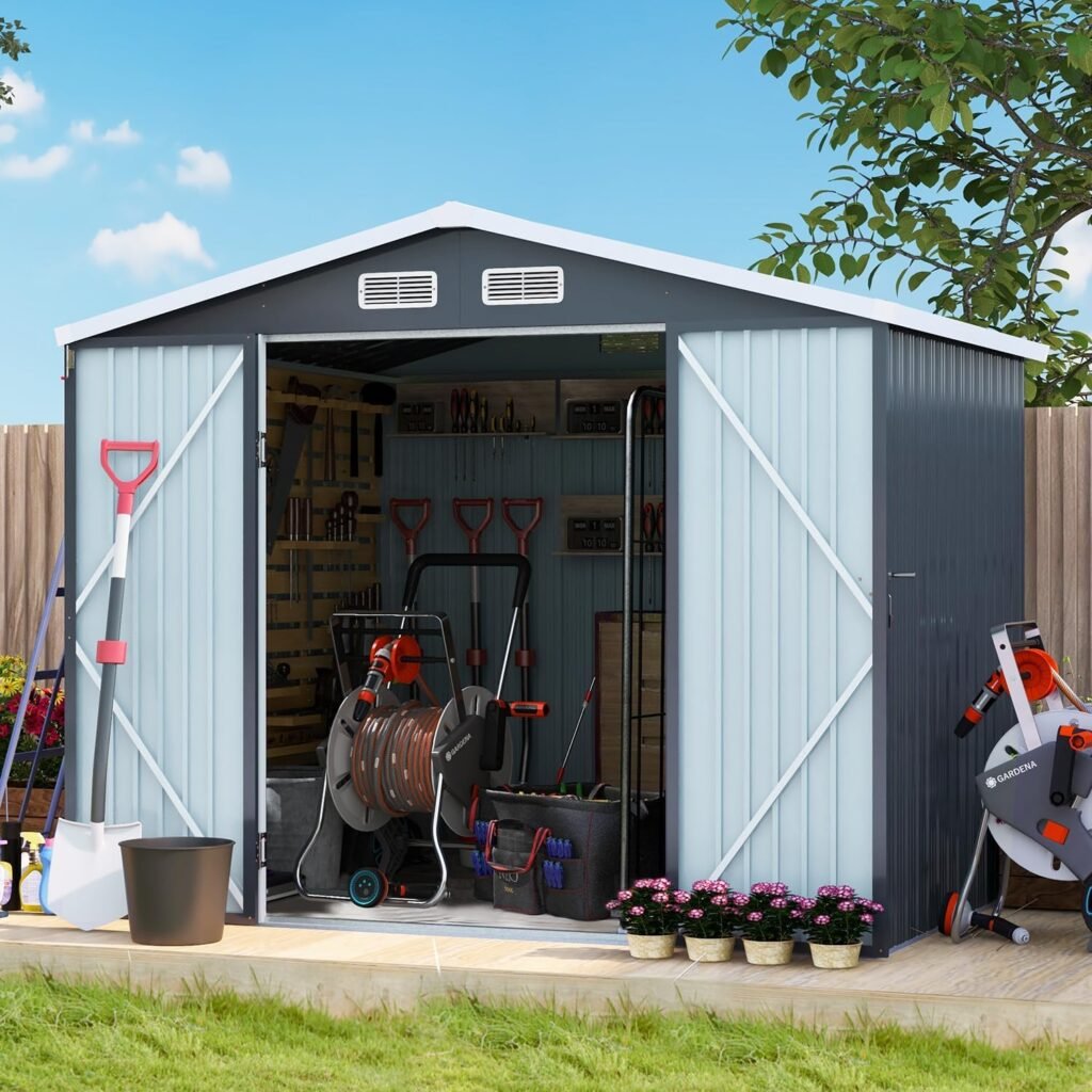 Breezestival 7.8x5.6FT Outdoor Metal Storage Shed, Waterproof Galvanized Steel Storage House with Sloping Roof and Lockable Door, Tool Storage Shed for Backyard, Patio, and Lawn,(Black)