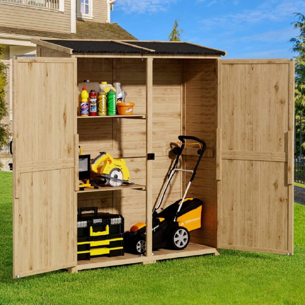 Gizoon Outdoor Storage Cabinet with Waterproof Roof, Double Lockable Doors Garden Shed with 2 Removable Shelves, Wooden Storage Shed with Large Storage Space for Patio, Garden, Backyard, Lawn