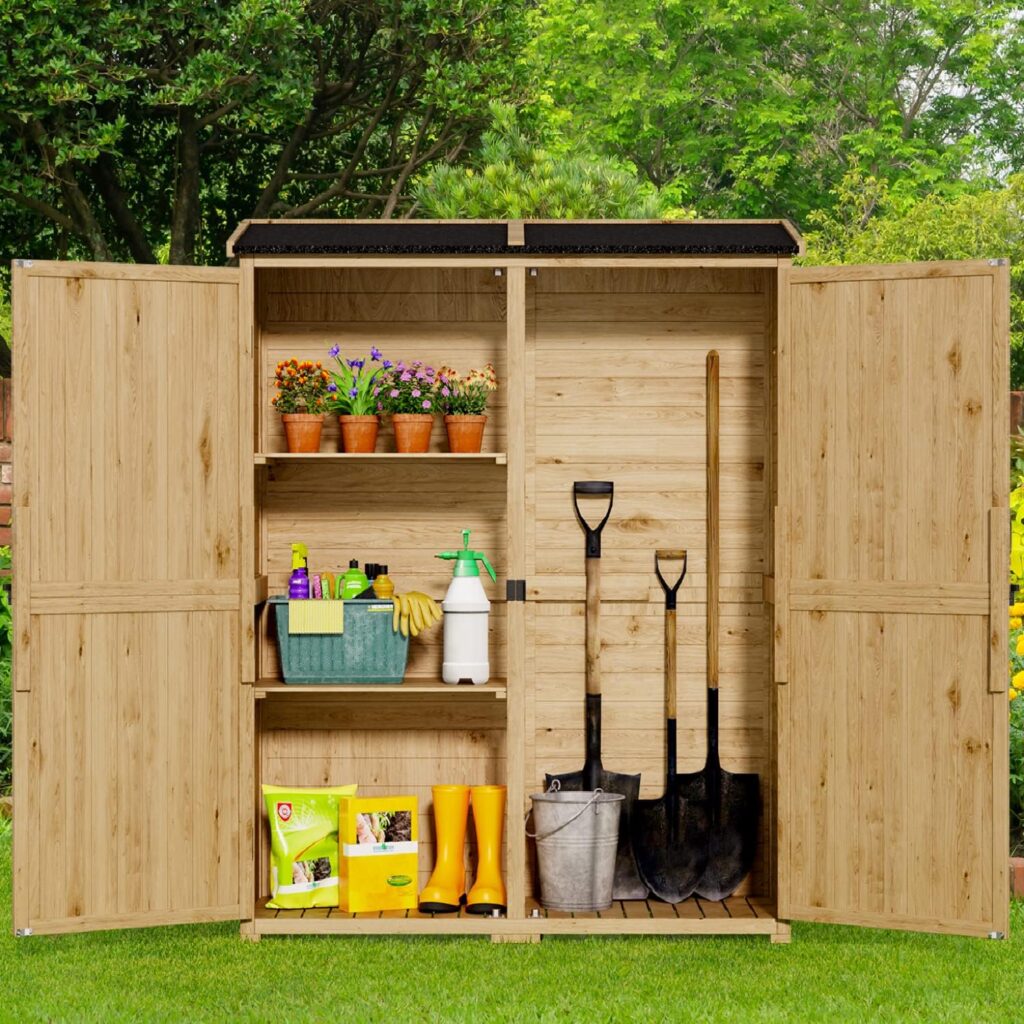 Gizoon Outdoor Storage Cabinet with Waterproof Roof, Double Lockable Doors Garden Shed with 2 Removable Shelves, Wooden Storage Shed with Large Storage Space for Patio, Garden, Backyard, Lawn