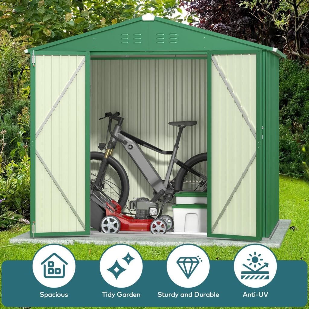 Gizoon Outdoor Storage Shed 8 x 6 FT with Metal Base Frame, Galvanized Metal Garden Shed with Double Lockable Doors, Weather-Resistant Outdoor Storage Clearance for Backyard Patio Lawn-Dark Gray