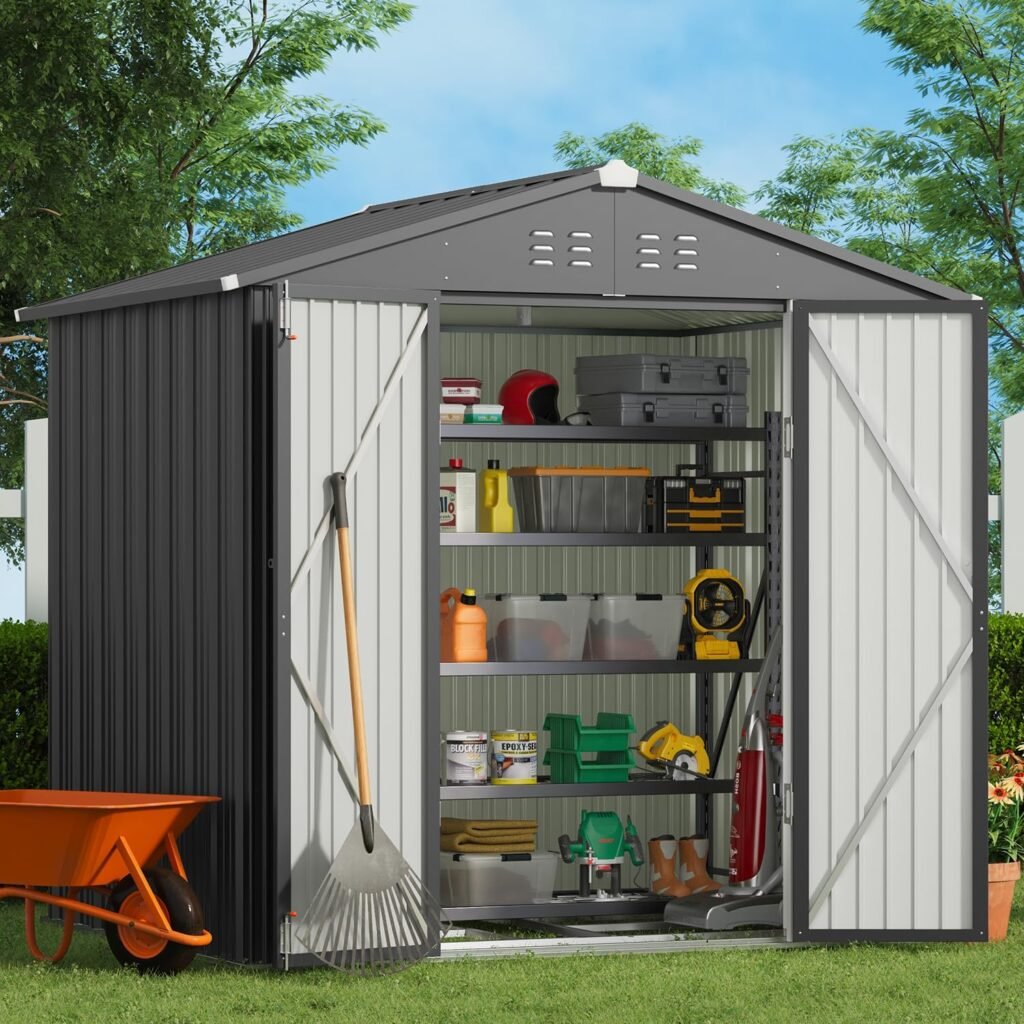 Gizoon Outdoor Storage Shed 8 x 6 FT with Metal Base Frame, Galvanized Metal Garden Shed with Double Lockable Doors, Weather-Resistant Outdoor Storage Clearance for Backyard Patio Lawn-Dark Gray