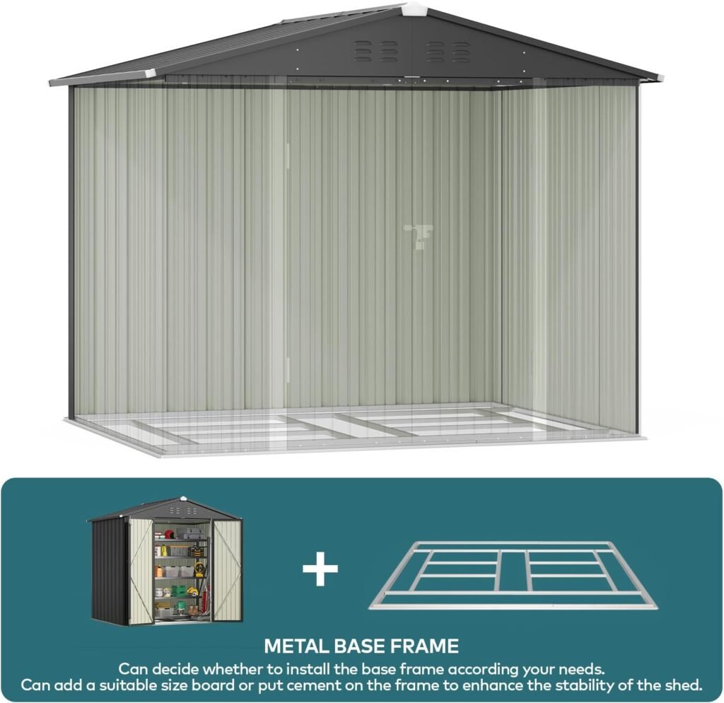 Gizoon Outdoor Storage Shed 8 x 6 FT with Metal Base Frame, Galvanized Metal Garden Shed with Double Lockable Doors, Weather-Resistant Outdoor Storage Clearance for Backyard Patio Lawn-Dark Gray