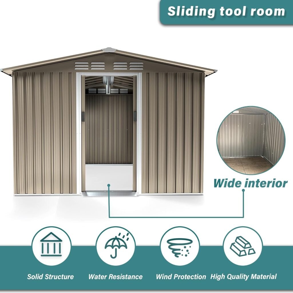 Gotland 8 x 6 Metal Storage Shed for Outdoor with Design of Lockable Slide Doors and Air Vent, Tiny House Utility and Tool Storage for Garden, Backyard, Patio Lawn