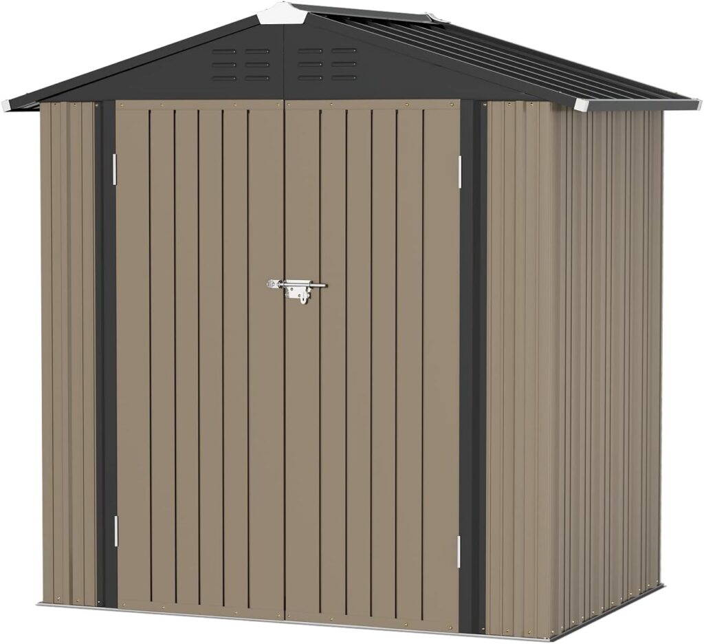 Greesum Metal Outdoor Storage Shed 6FT x 4FT, Steel Utility Tool Shed Storage House with Door  Lock for Backyard Garden Patio Lawn (6 x 4), Brown