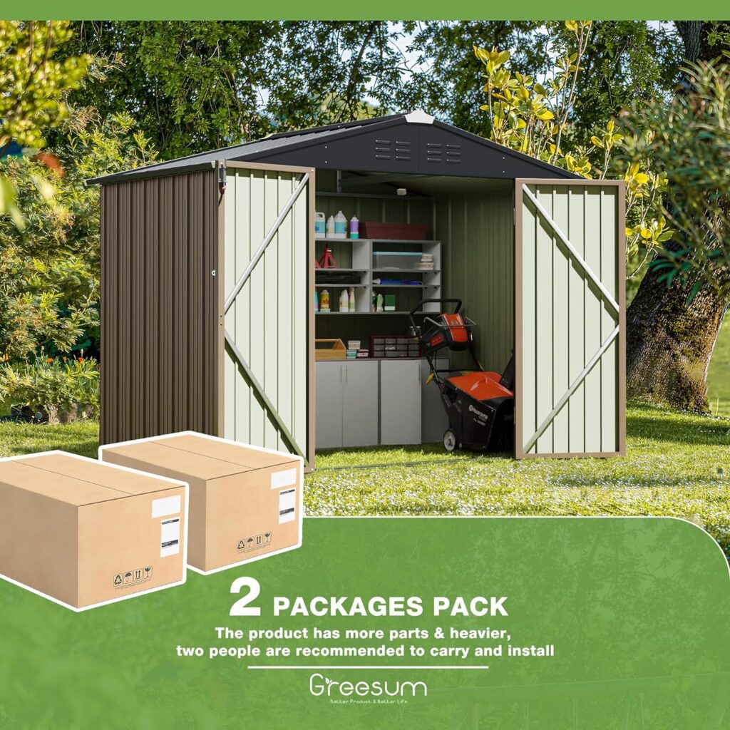 Greesum Metal Outdoor Storage Shed 8FT x 6FT, Steel Utility Tool Shed Storage House with Door  Lock, Metal Sheds Outdoor Storage for Backyard Garden Patio Lawn (8’x 6), Brown