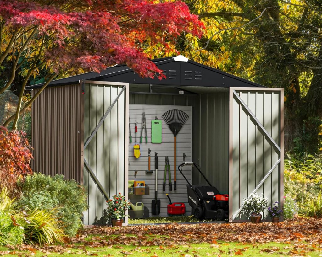 Greesum Metal Outdoor Storage Shed 8FT x 6FT, Steel Utility Tool Shed Storage House with Door  Lock, Metal Sheds Outdoor Storage for Backyard Garden Patio Lawn (8’x 6), Brown