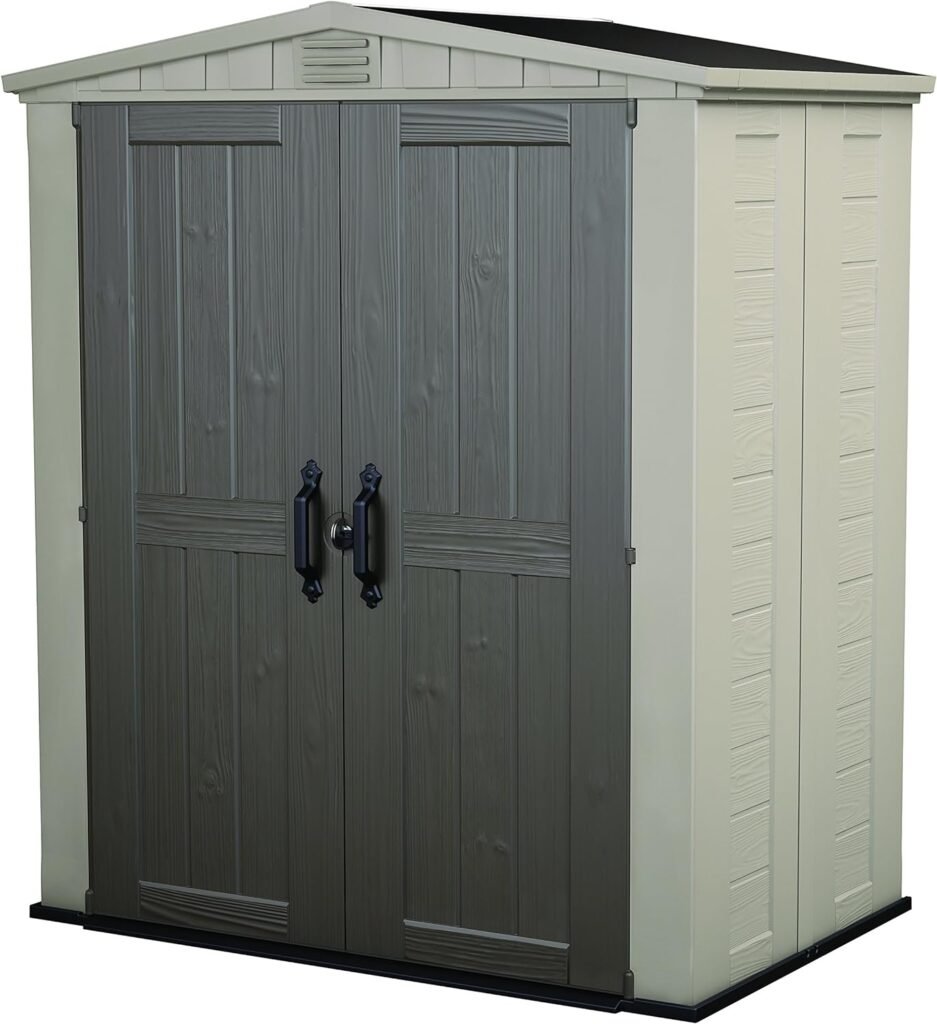 Keter Factor 6x3 Outdoor Storage Shed Kit-Perfect to Store Patio Furniture, Garden Tools, Bike Accessories, Beach Chairs and Push Lawn Mower, Taupe  Brown