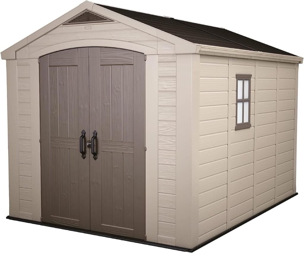 Keter Factor 8 x 11 Foot All Weather Plastic Outdoor Storage Shed with 2 Shelves Included and Built-in Ventilation for Backyard Organization, Taupe