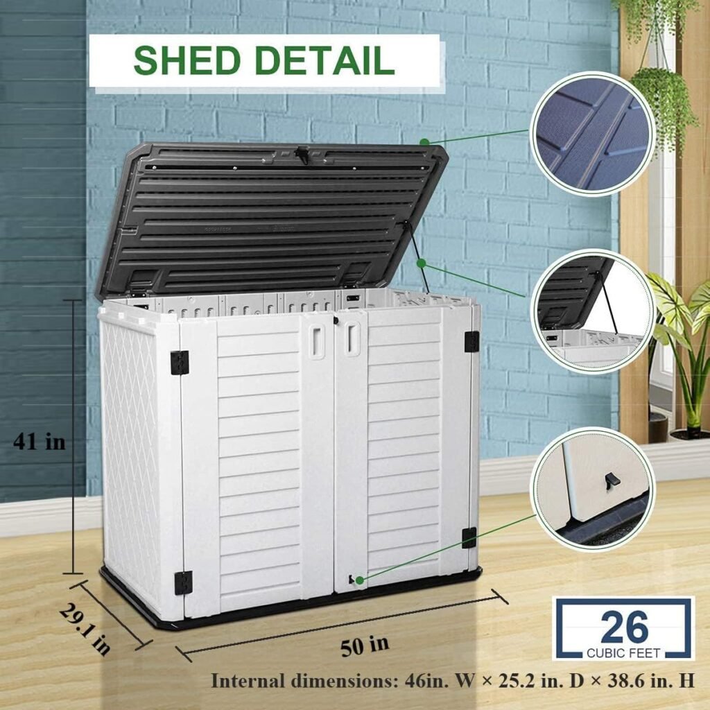 KINYING Larger Outdoor Storage Shed Weather Resistance, Horizontal Storage Box Waterproof for Garden, Patios, Backyards, 48 Cu.ft Capacity for Bike, Garbage Cans, Lawn Mower, Garden Tools