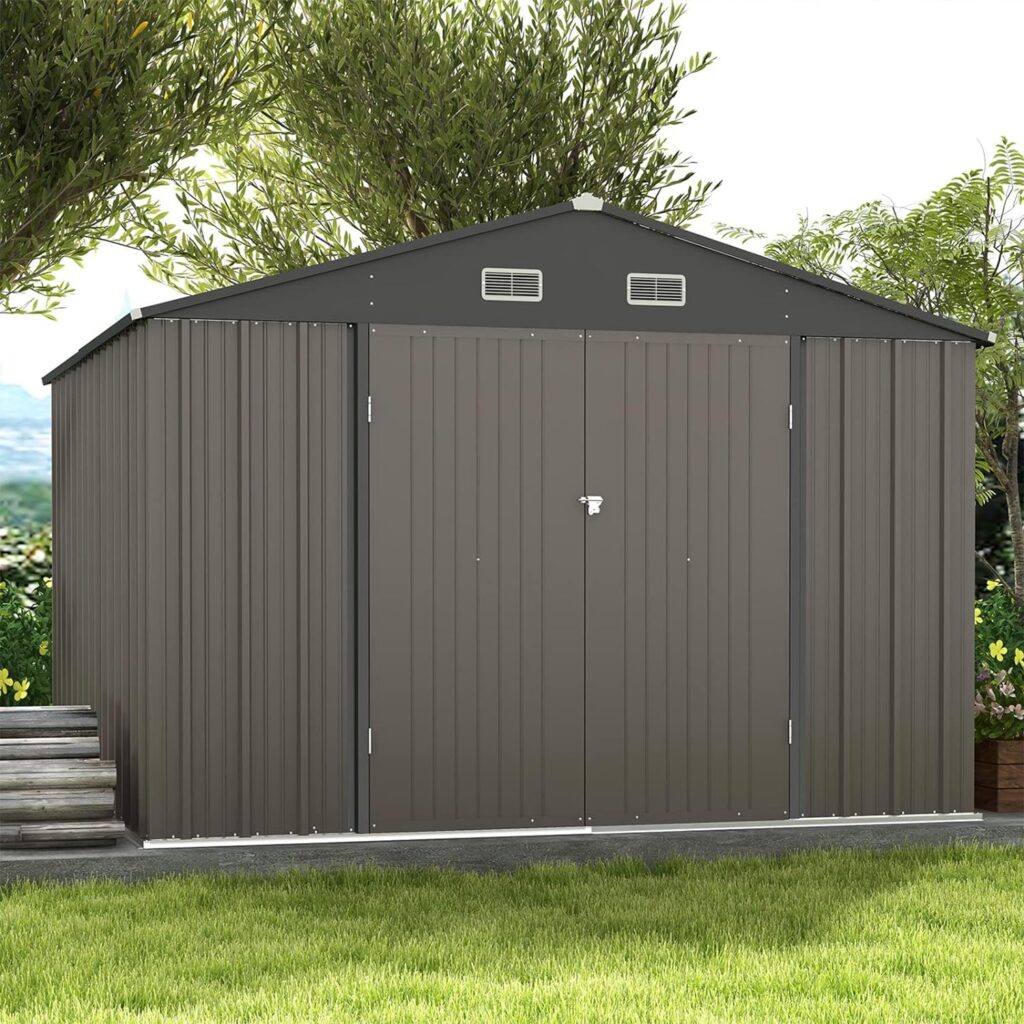 Patiowell 10 x 10 FT Outdoor Storage Shed,Metal Yard Shed with Design of Lockable Doors, Utility and Tool Storage for Garden, Patio, Backyard, Outside use,Brown