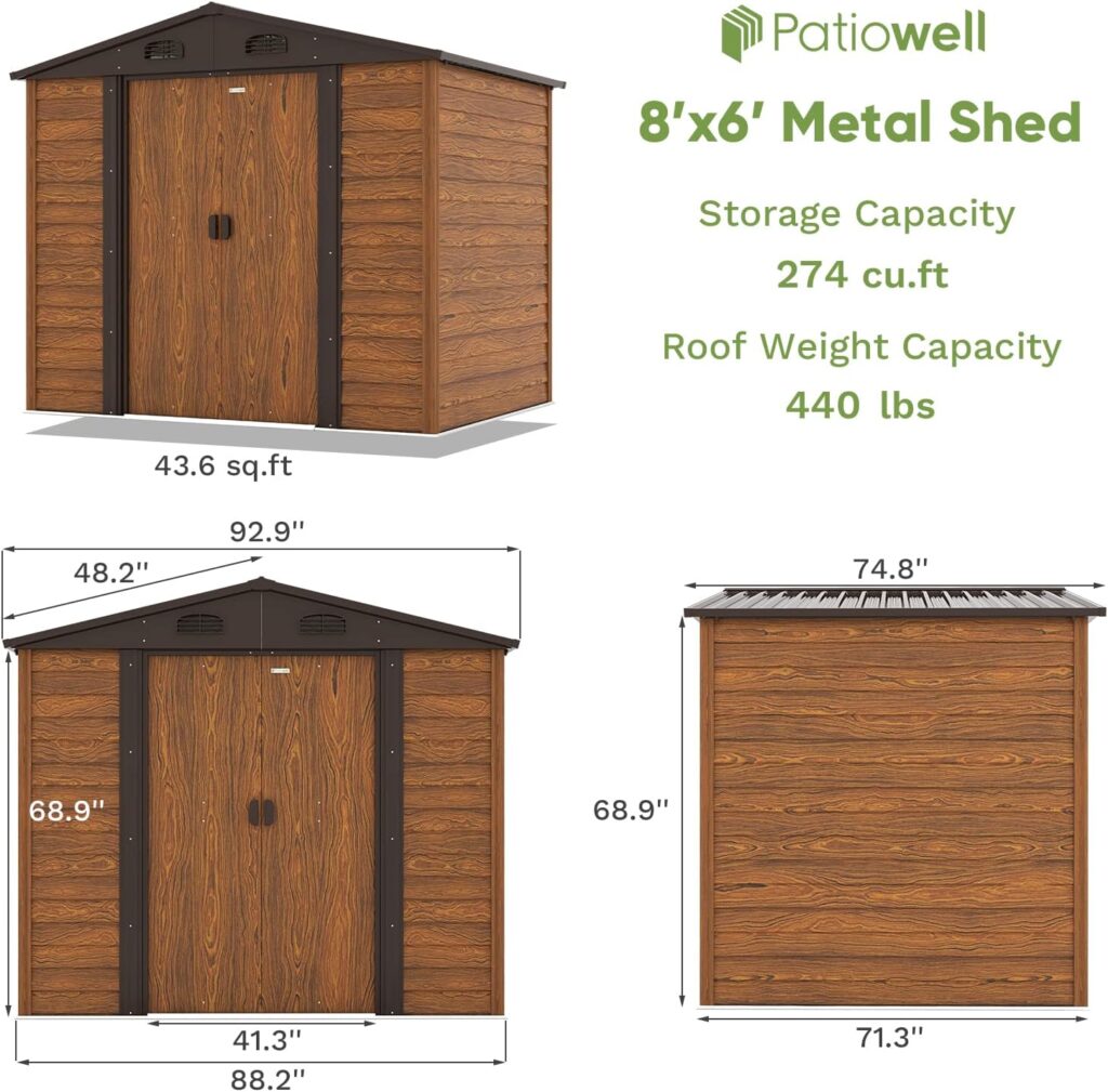 Patiowell 8x6 FT Wood Look Outdoor Storage Shed,Garden Tool Storage Shed with Sloping Roof and Double Lockable Sliding Door, Metal Shed for Garden Backyard Patio Lawn