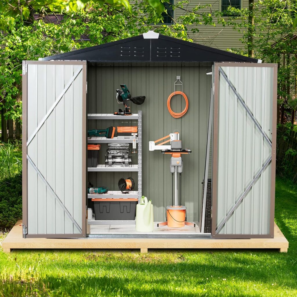 Polar Aurora 8 x 6 FT Outdoor Metal Storage Shed, Steel Garden Shed with Double Lockable Door, Tool Storage Shed for Backyard, Patio  Lawn (8 * 6 ft)