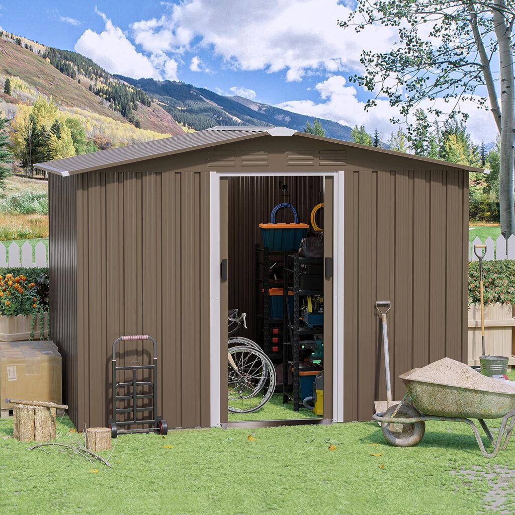 RTDTD 8FT x 6FT Outdoor Storage Shed, Waterproof, Lockable Door Metal Tool Shed with Sliding Door and Air Vents, Storage House for Gardening Tools, Metal Storage Shed for Garden, Backyard, Lawn