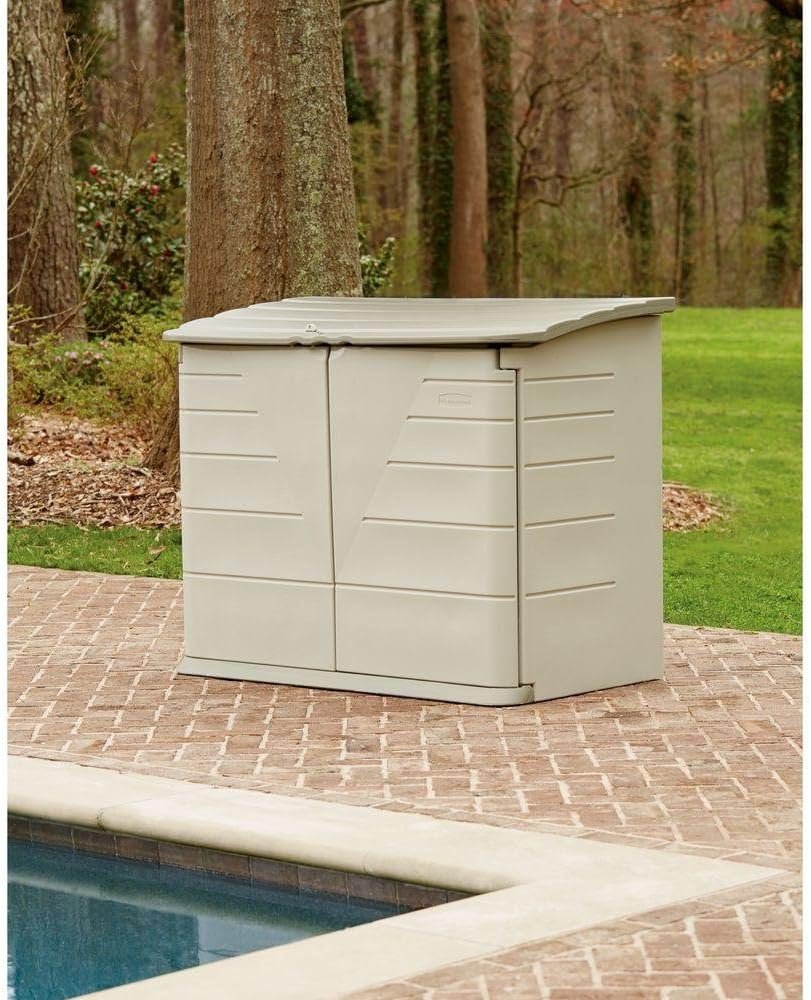 Rubbermaid Large Horizontal Resin Weather Resistant Outdoor Storage Shed, 32 cubic ft., Olive Steel/Sandstone, for Garden/Backyard/Home/Pool