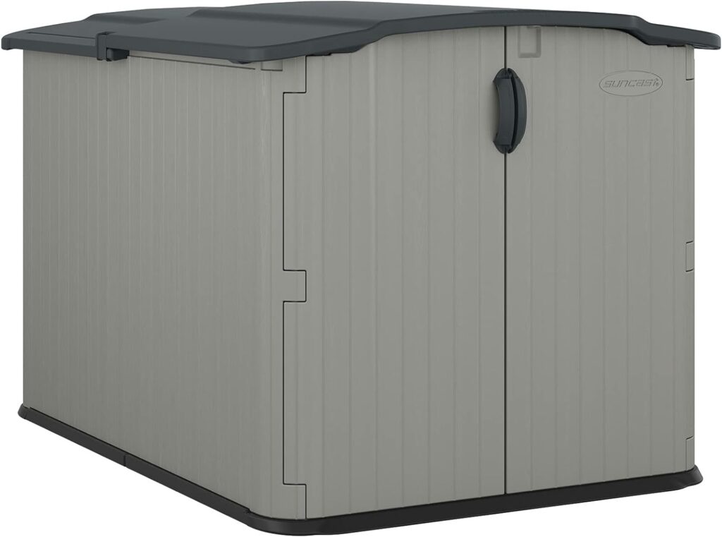 Suncast Glidetop Horizontal Outdoor Storage Shed with Pad-Lockable Sliding Lid and Doors, All-Weather Shed for Yard Storage, 57.5 W x 79.75 D x 52 H