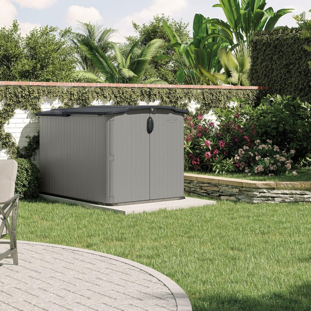 Suncast Glidetop Horizontal Outdoor Storage Shed with Pad-Lockable Sliding Lid and Doors, All-Weather Shed for Yard Storage, 57.5 W x 79.75 D x 52 H