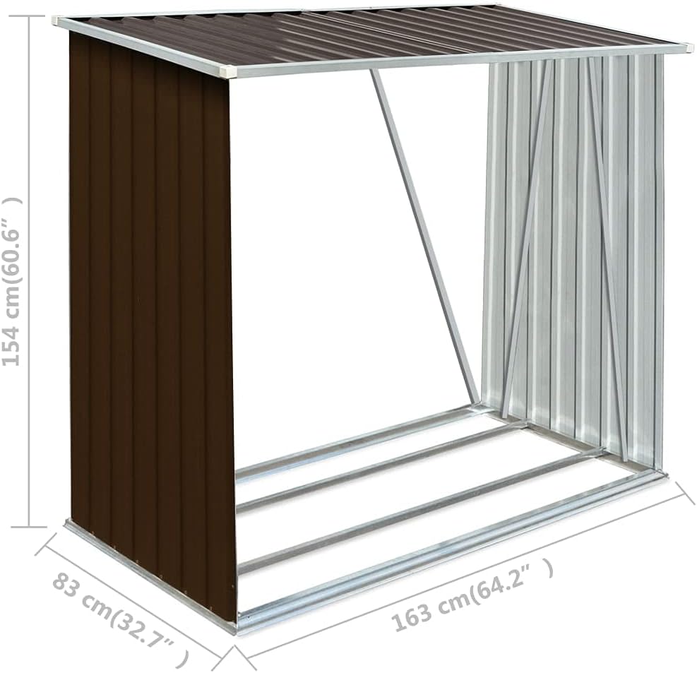 vidaXL Garden Log Storage Shed - Compact, Waterproof Wood Storage with Ventiliated Design - Galvanized Steel - Brown - 64.2 x 32.7 x 60.6