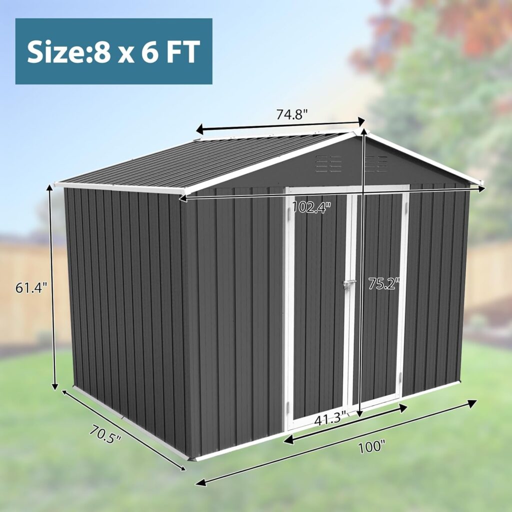 Zevemomo 8 x 6 ft Outdoor Storage Shed, All Weather Tool Shed with Metal Foundation  2 Lockable Doors, Metal Shed Outdoor Storage for Garden, Patio, Backyard, Lawn, Grey