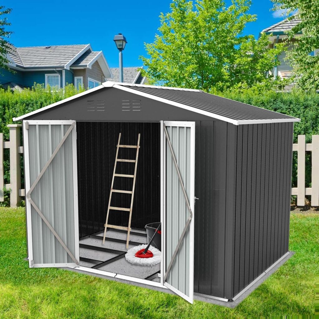 Zevemomo 8 x 6 ft Outdoor Storage Shed, All Weather Tool Shed with Metal Foundation  2 Lockable Doors, Metal Shed Outdoor Storage for Garden, Patio, Backyard, Lawn, Grey