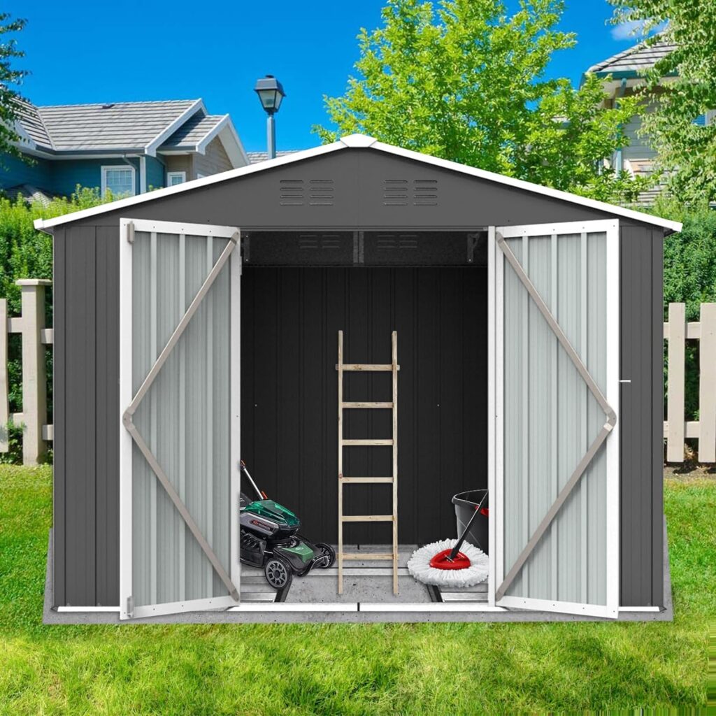 Zevemomo 8 x 6 ft Outdoor Storage Shed, All Weather Tool Shed with Metal Foundation  2 Lockable Doors, Metal Shed Outdoor Storage for Garden, Patio, Backyard, Lawn, Grey