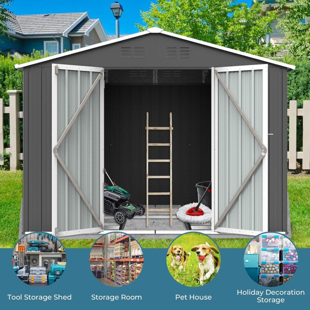 Zevemomo 8 x 6 ft Outdoor Storage Shed, All Weather Tool Shed with Metal Foundation  2 Lockable Doors, Metal Shed Outdoor Storage for Garden, Patio, Backyard, Lawn, Grey